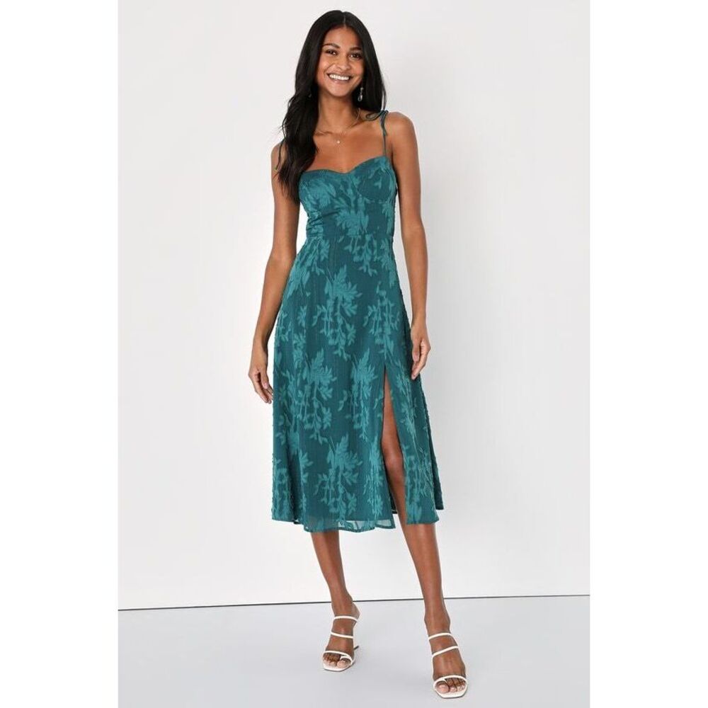 Lulus Loveliest Looks Emerald Green Jacquard Tie-strap Midi Dress - Size XL